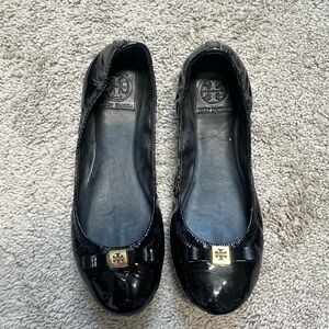 Tory Burch Shiny Black Flats with Gold Accent